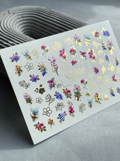Nail Water Decal CF-149 | Floral Bouquet Water Slide Nail Decals | Colorful Flowers & Gold Foil Outlines