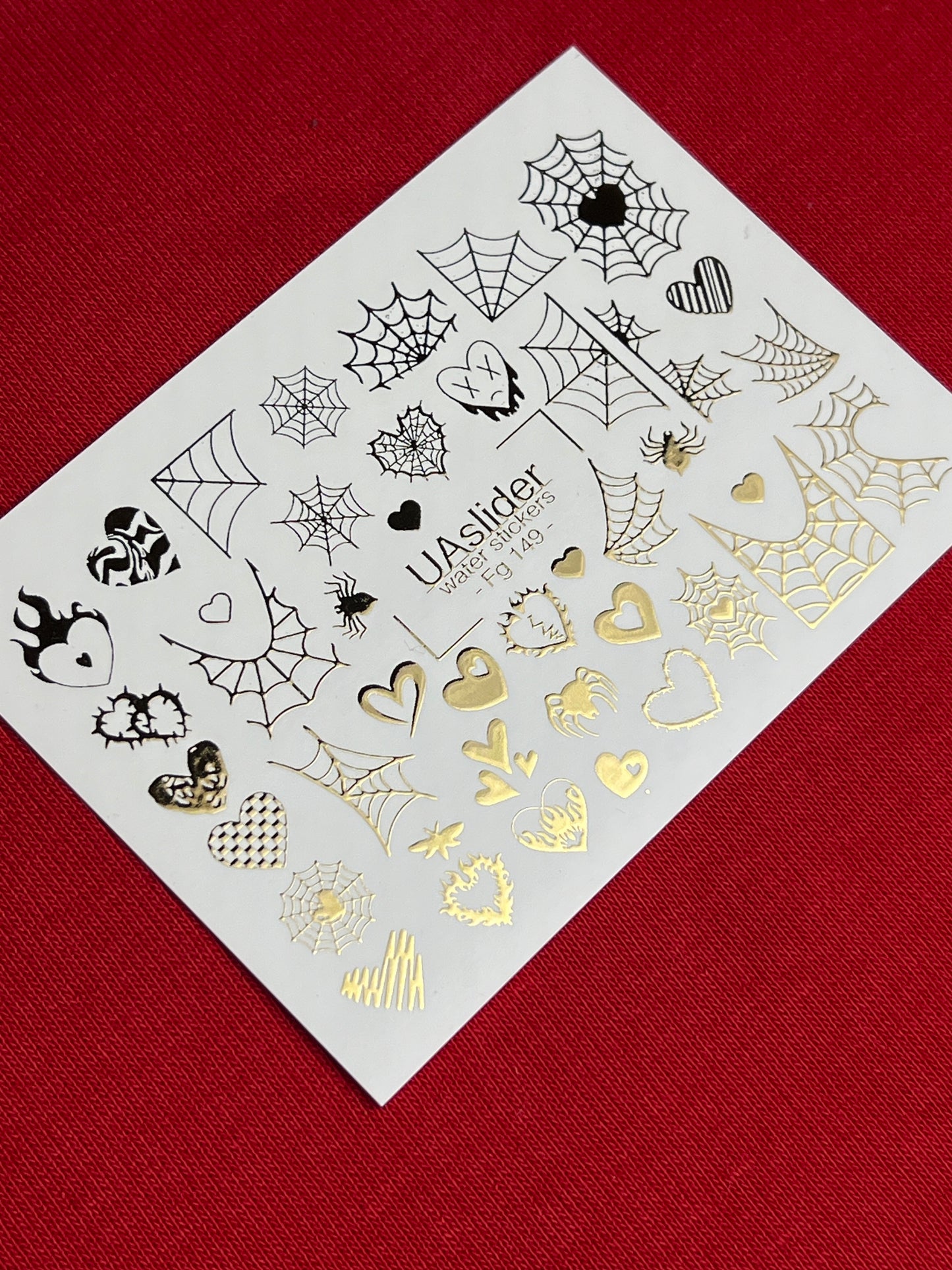 Nálepky na nehty Fg-149 | Vodní nálepky na nehty se zlatými pavučinami a srdíčky | Gotický halloweenský nail art