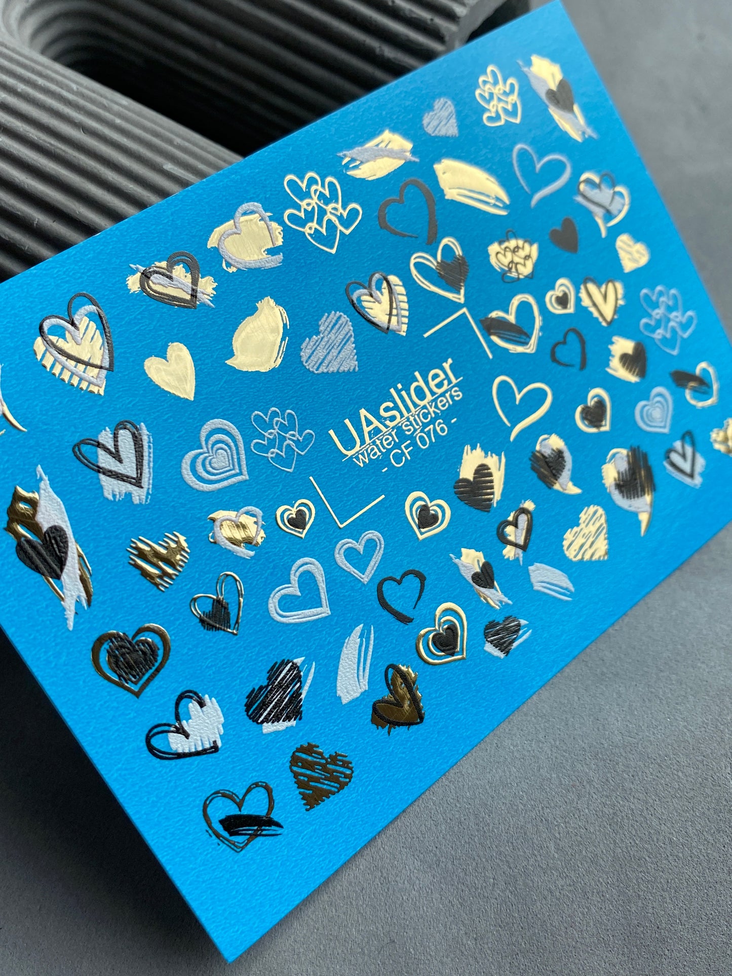Nail Water Decal CF-076 | Valentine’s Day Nail Art Water Decals | Blue, Black and Gold Hearts