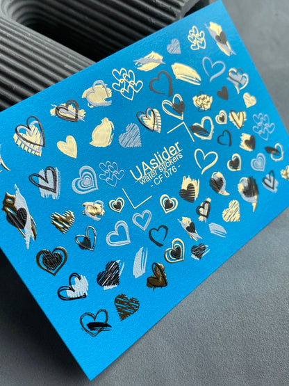 Nail Water Decal CF-076 | Valentine’s Day Nail Art Water Decals | Blue, Black and Gold Hearts