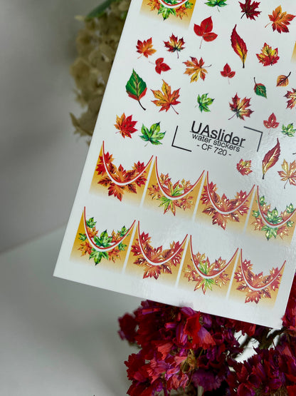 Nail Water Decal CF-720 | Water Slide Nail Decals | Autumn Maple Leaves with Gradient French