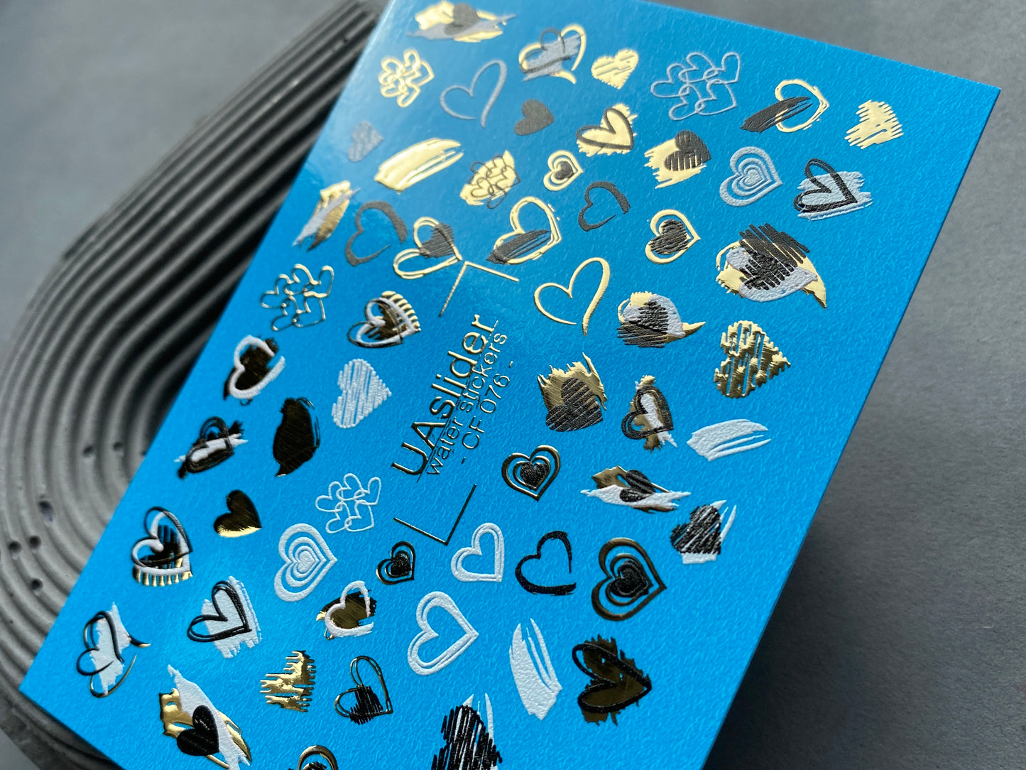 Nail Water Decal CF-076 | Valentine’s Day Nail Art Water Decals | Blue, Black and Gold Hearts