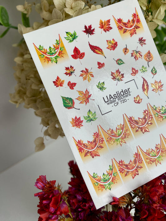 Nail Water Decal CF-720 | Water Slide Nail Decals | Autumn Maple Leaves with Gradient French