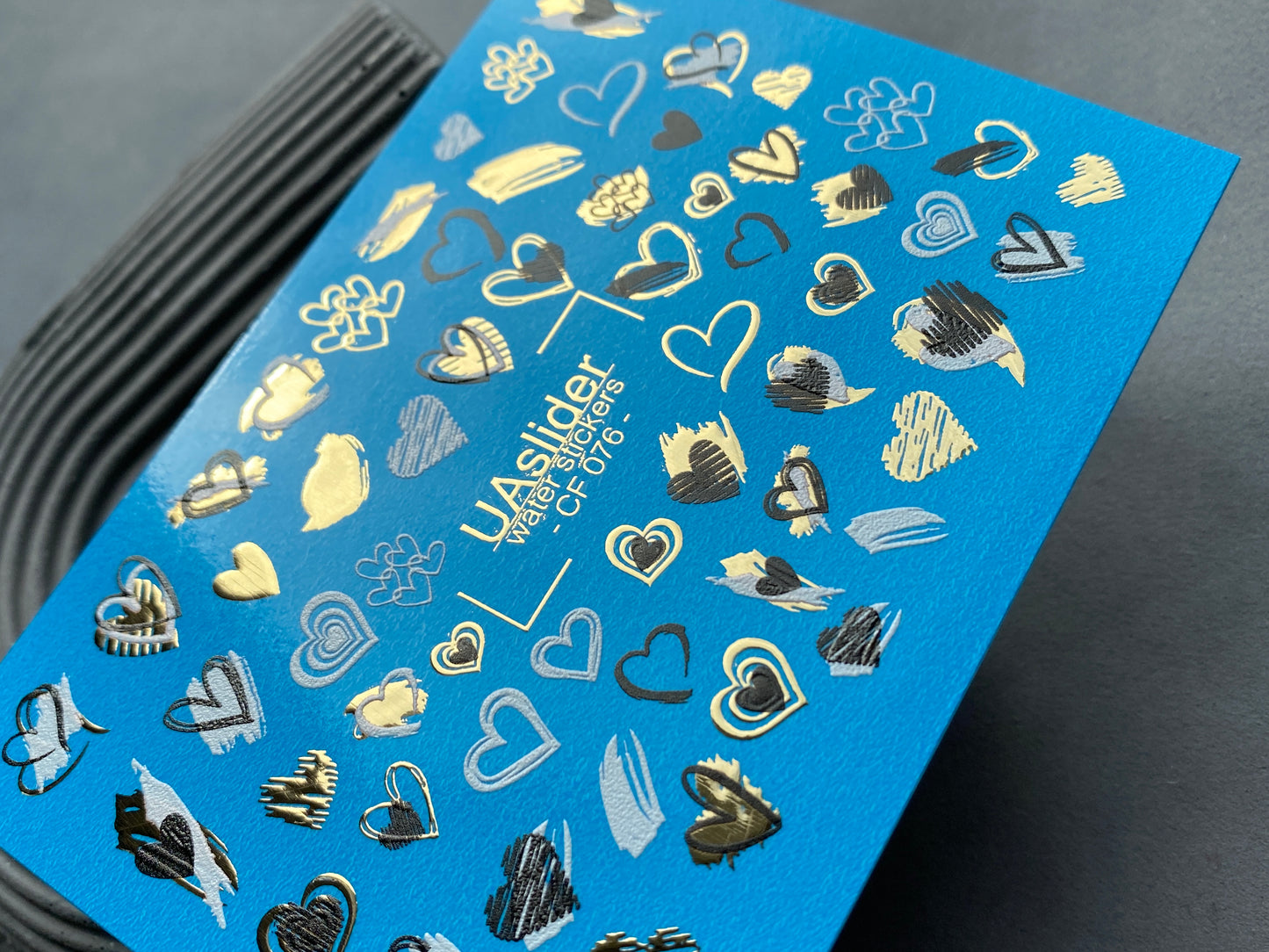Nail Water Decal CF-076 | Valentine’s Day Nail Art Water Decals | Blue, Black and Gold Hearts