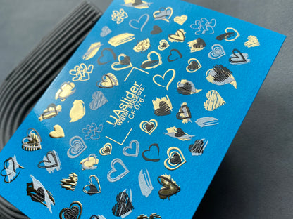 Nail Water Decal CF-076 | Valentine’s Day Nail Art Water Decals | Blue, Black and Gold Hearts