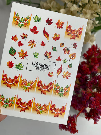 Nail Water Decal CF-720 | Water Slide Nail Decals | Autumn Maple Leaves with Gradient French