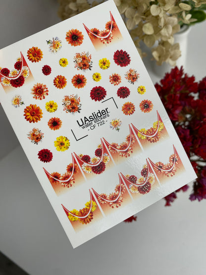 Nail Water Decal CF-722 | Water Slide Nail Decals | Autumn Flowers with Gradient French