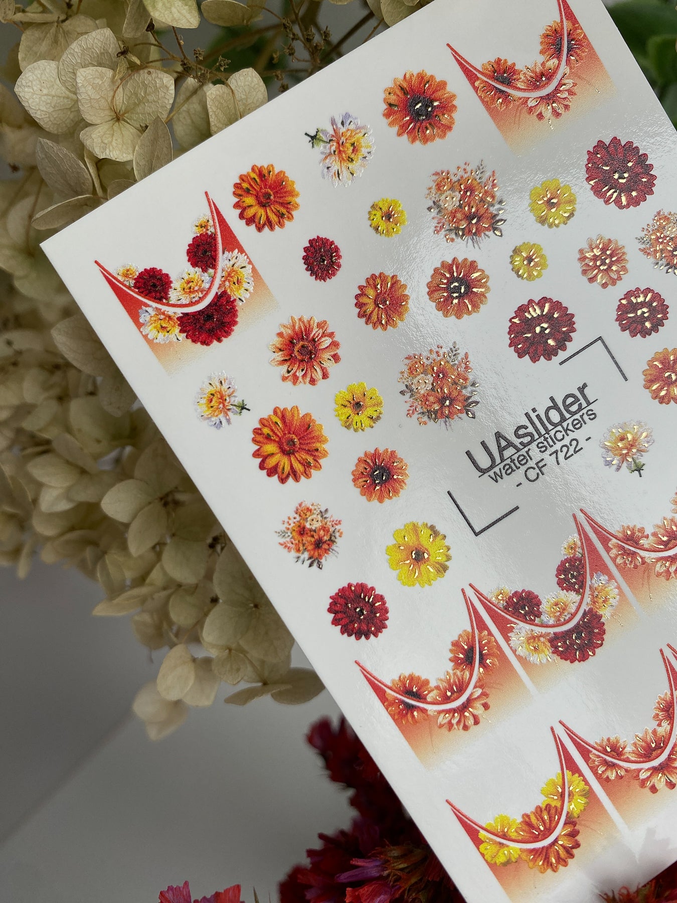 Nail Water Decal CF-722 | Water Slide Nail Decals | Autumn Flowers with Gradient French