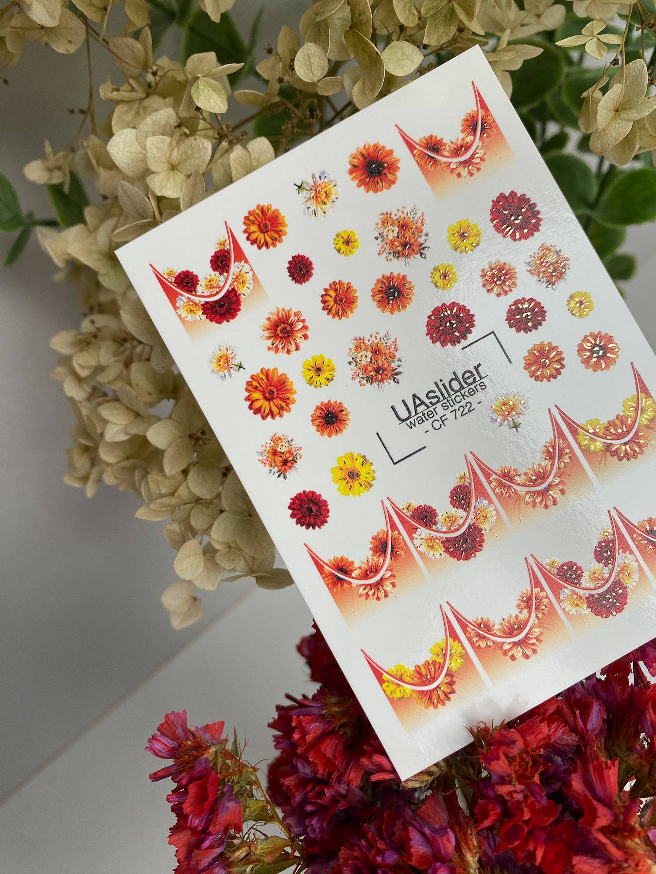 Nail Water Decal CF-722 | Water Slide Nail Decals | Autumn Flowers with Gradient French