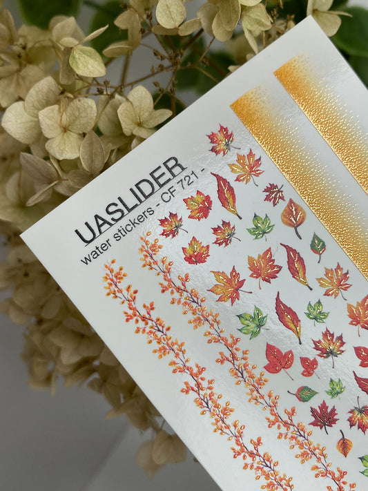 Nail Water Decal CF-721 | Water Slide Nail Decals | Autumn Maple Leaves and Gradient Strips