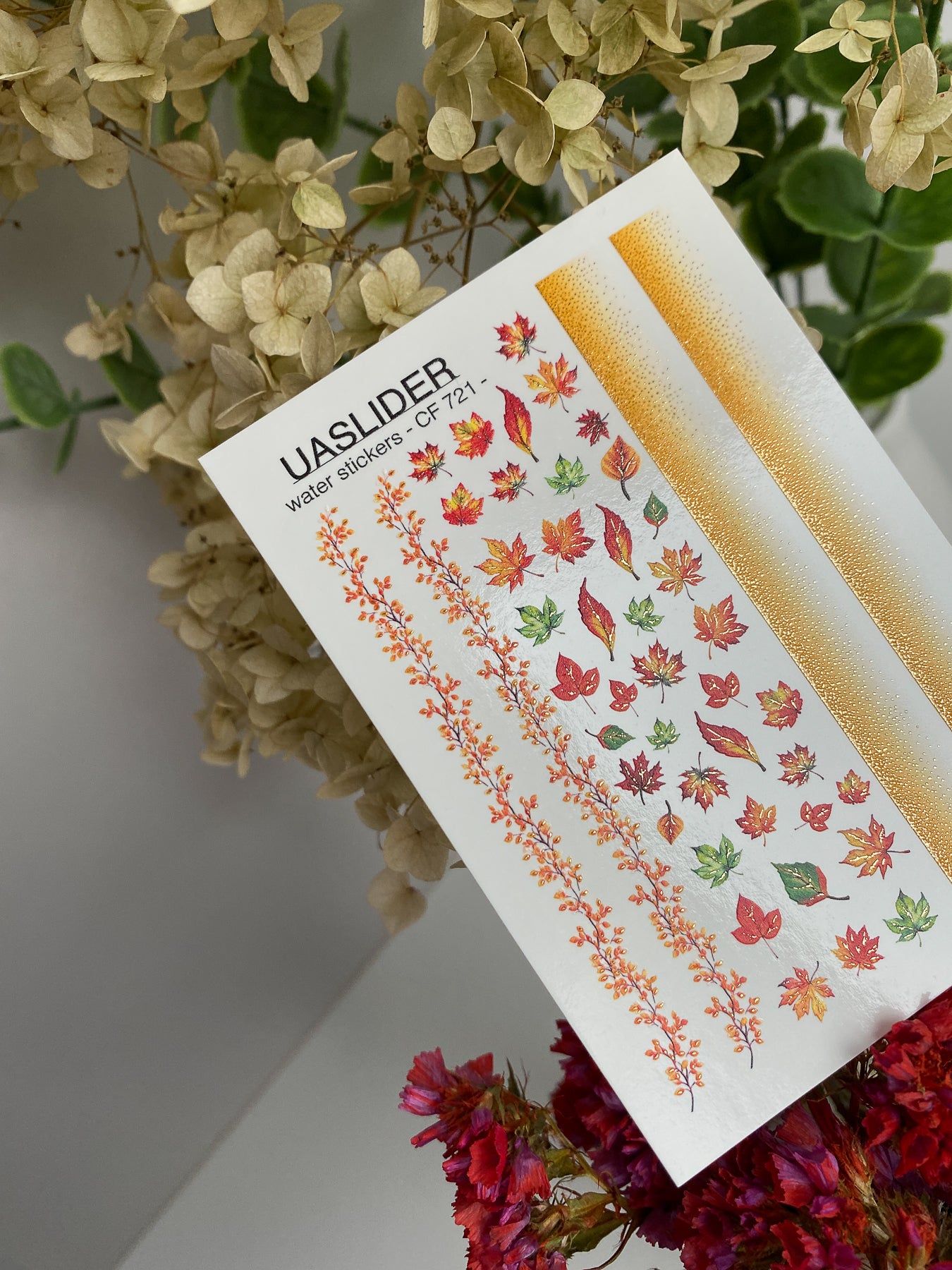 Nail Water Decal CF-721 | Water Slide Nail Decals | Autumn Maple Leaves and Gradient Strips