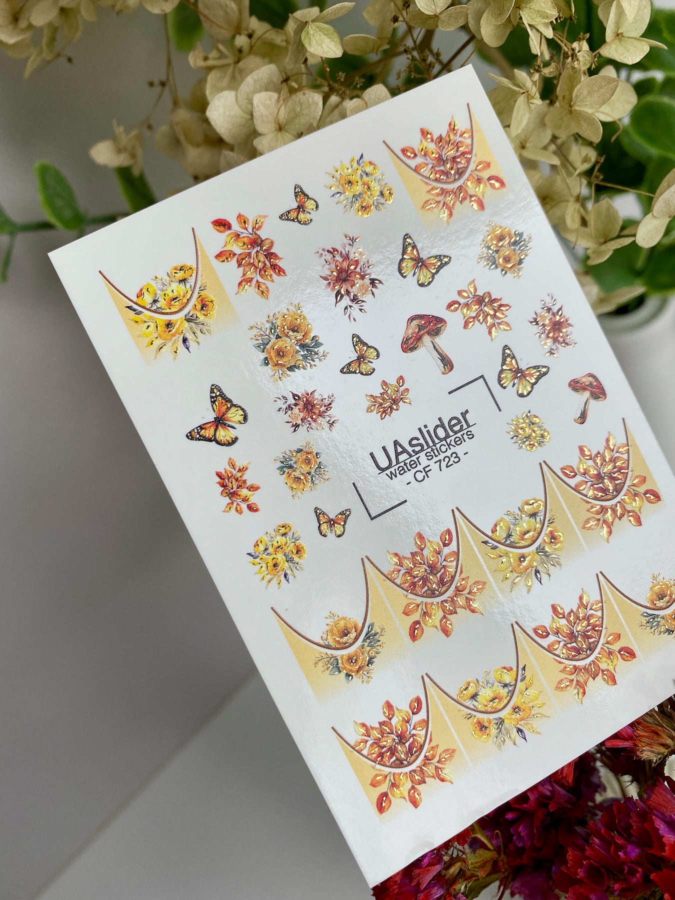 Nail Water Decal CF-723 | Water Slide Nail Decals | Autumn Flowers, Butterflies and Gradient French