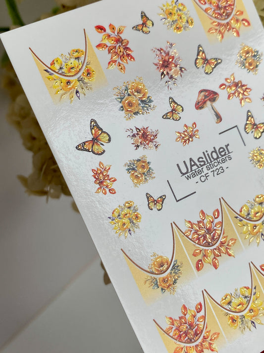 Nail Water Decal CF-723 | Water Slide Nail Decals | Autumn Flowers, Butterflies and Gradient French