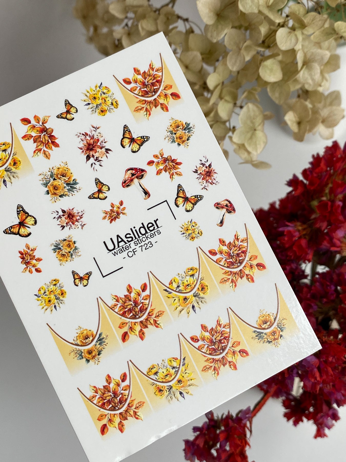 Nail Water Decal CF-723 | Water Slide Nail Decals | Autumn Flowers, Butterflies and Gradient French