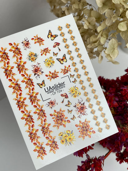 Nail Water Decal CF-724 | Water Slide Nail Decals | Autumn Leaves and Butterflies with Floral Accents