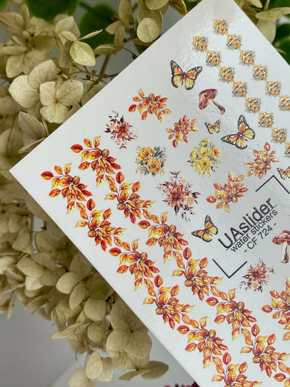 Nail Water Decal CF-724 | Water Slide Nail Decals | Autumn Leaves and Butterflies with Floral Accents