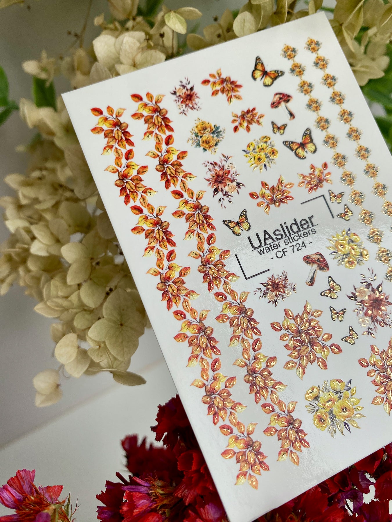 Nail Water Decal CF-724 | Water Slide Nail Decals | Autumn Leaves and Butterflies with Floral Accents