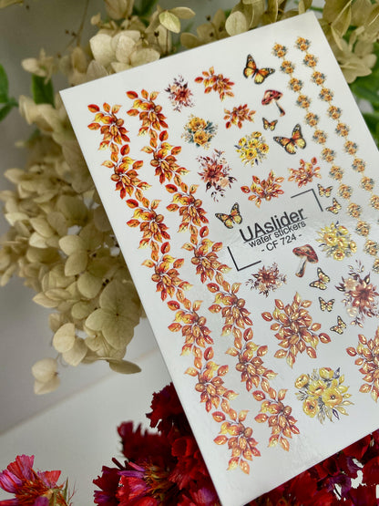 Nail Water Decal CF-724 | Water Slide Nail Decals | Autumn Leaves and Butterflies with Floral Accents