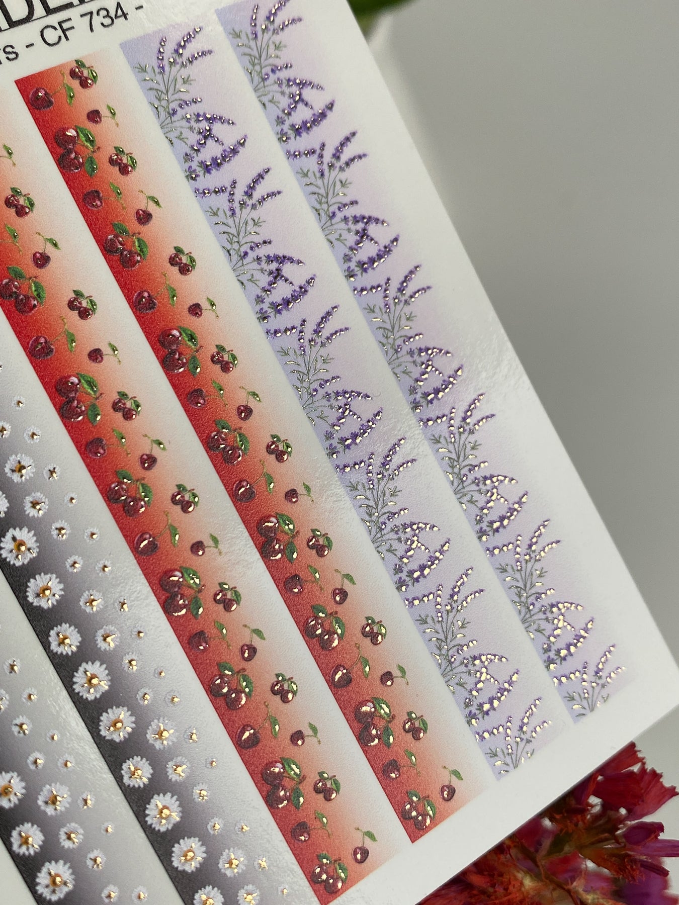 Nail Water Decal CF-734 | Water Slide Nail Decals | Floral Strips with Daisies, Cherries, and Lavender