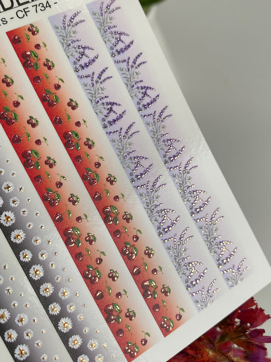 Nail Water Decal CF-734 | Water Slide Nail Decals | Floral Strips with Daisies, Cherries, and Lavender