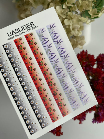Nail Water Decal CF-734 | Water Slide Nail Decals | Floral Strips with Daisies, Cherries, and Lavender