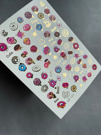 Nail Water Decal CF-157 | Donut Water Slide Nail Decals | Sweet Candy Designs & Gold Foil Details