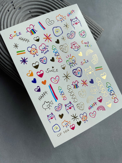 Nail Water Decal CF-164 | Cute Nail Art Water Decals | Colorful Doodles, Hearts, Rainbows & Fun Characters