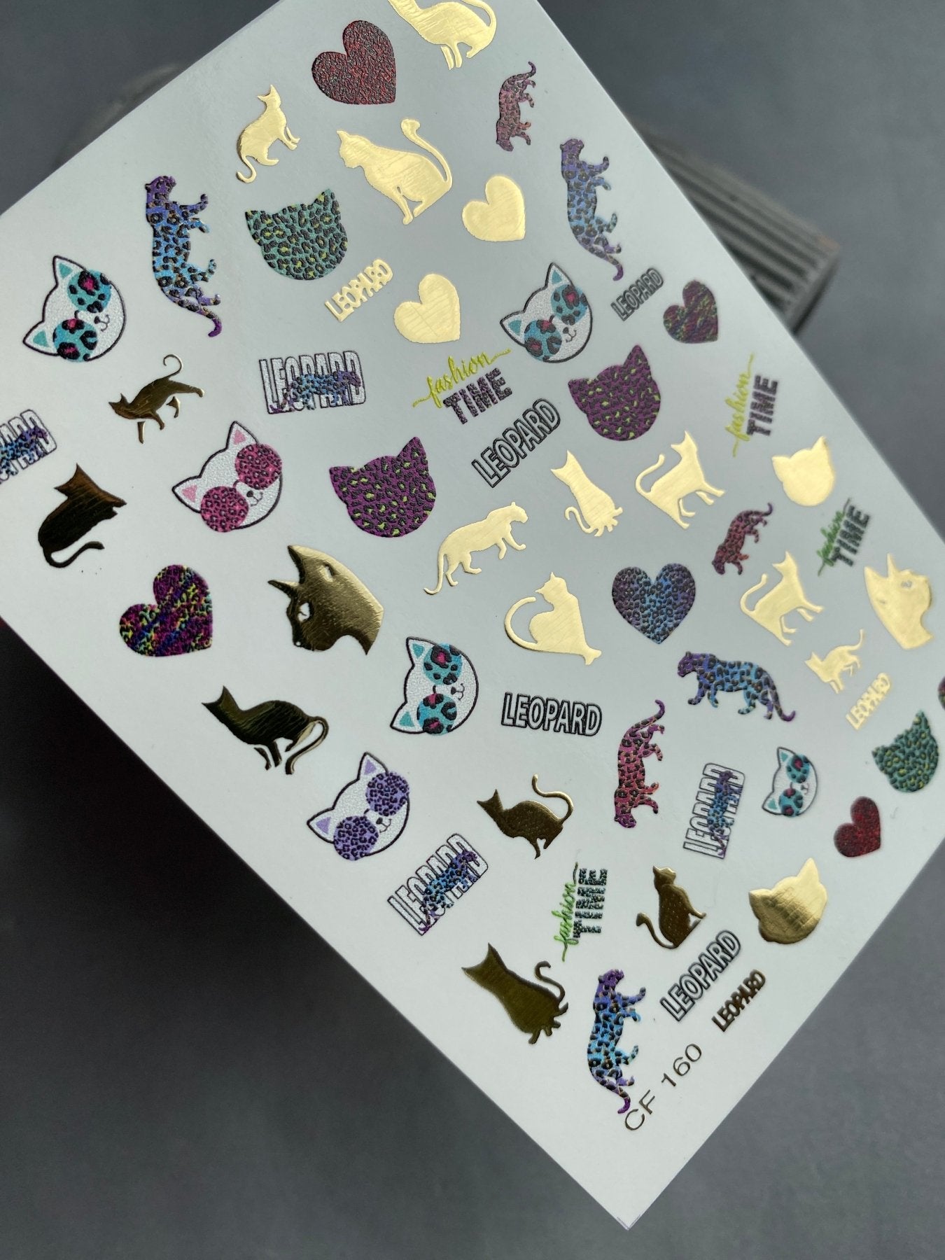 Nail Water Decal CF-160 | Leopard & Cat Water Slide Nail Decals | Animal Print, Hearts & Gold Foil Accents - UASLIDER
