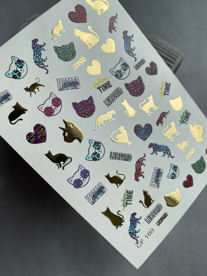 Adesivi per unghie ad acqua CF-160 | Adesivi per unghie a scivolamento ad acqua con leopardo e gatto | Stampa animale, cuori e accenti in foglia d'oro