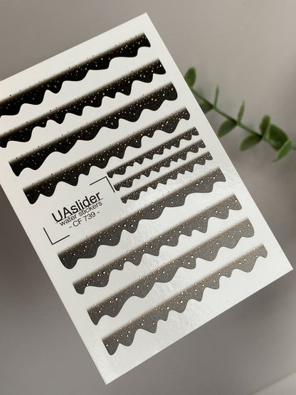 Nail Water Decal CF-739 | Water Slide Nail Decals | Black Gradient Wave Stripes with Gold