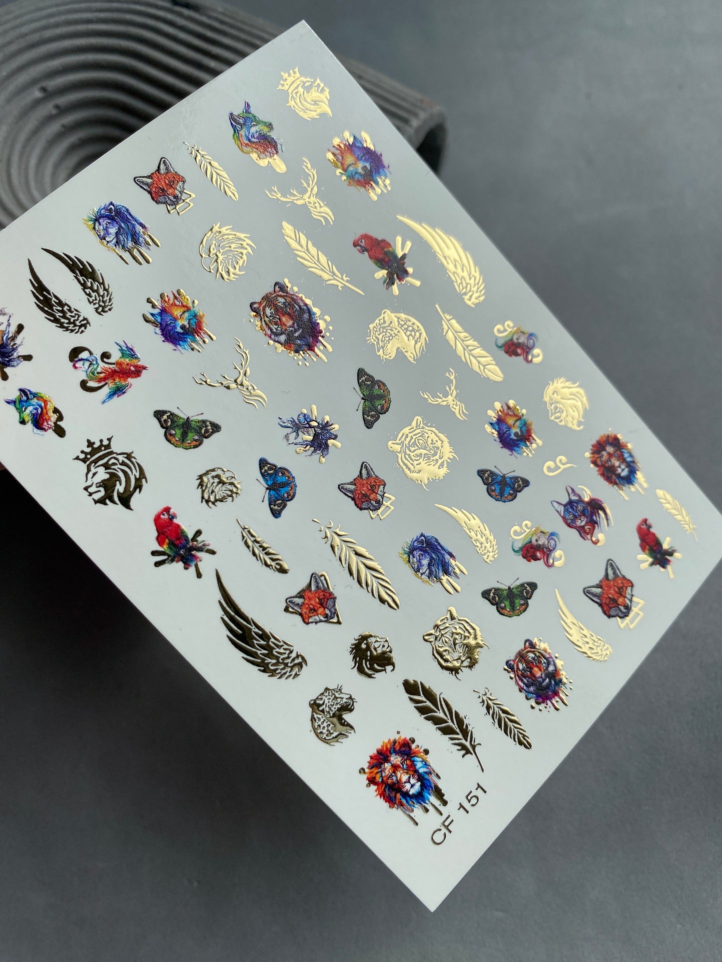 Nail Water Decal CF-151 | Animal Water Slide Nail Decals | Lions, Tigers, Foxes & Gold Foil Wings
