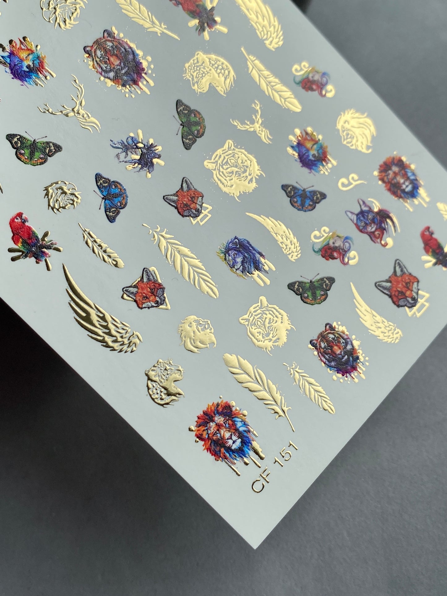 Nail Water Decal CF-151 | Animal Water Slide Nail Decals | Lions, Tigers, Foxes & Gold Foil Wings