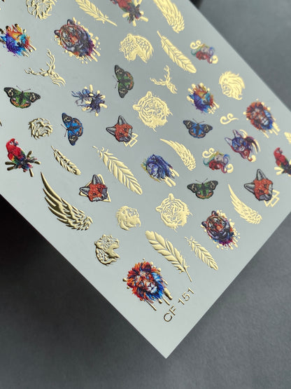 Nail Water Decal CF-151 | Animal Water Slide Nail Decals | Lions, Tigers, Foxes & Gold Foil Wings