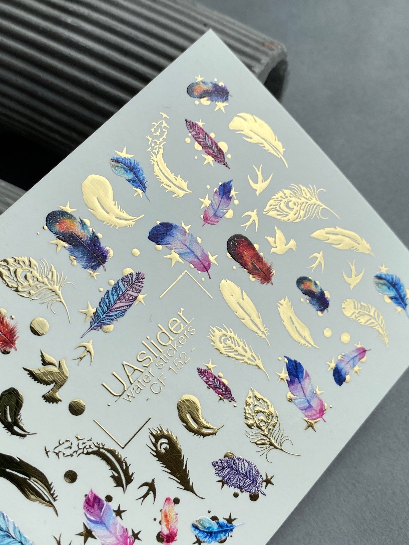 Nail Water Decal CF-152 | Feather Water Slide Nail Decals | Colorful Feathers, Birds & Gold Foil Stars - UASLIDER