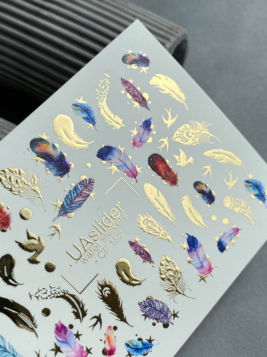 Nail Water Decal CF-152 | Feather Water Slide Nail Decals | Colorful Feathers, Birds & Gold Foil Stars