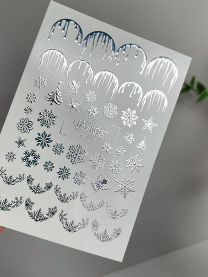 Nail Water Decal Fs-298 | Water Slide Nail Decals | Silver Snowflakes and Icicles Winter Design