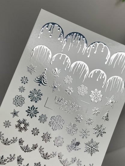 Nail Water Decal Fs-298 | Water Slide Nail Decals | Silver Snowflakes and Icicles Winter Design