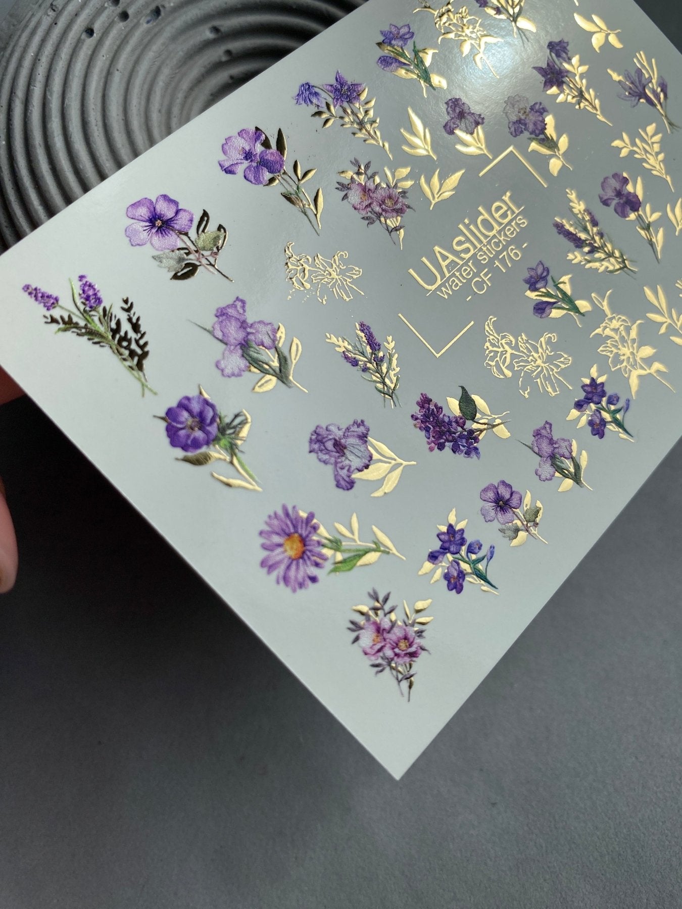 Nail Water Decal CF-176 | Purple Wildflower Nail Water Decals | Elegant Bouquets with Golden Accents  UA Title - UASLIDER