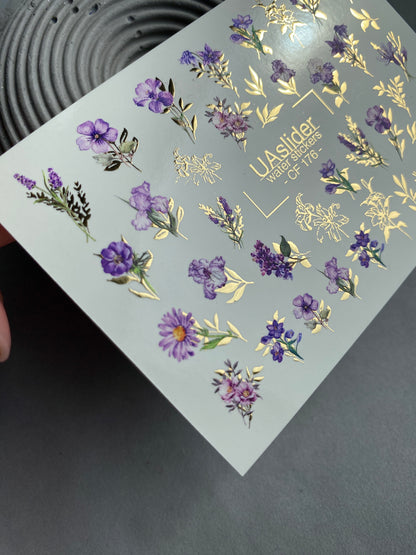 Nail Water Decal CF-176 | Purple Wildflower Nail Water Decals | Elegant Bouquets with Golden Accents  UA Title