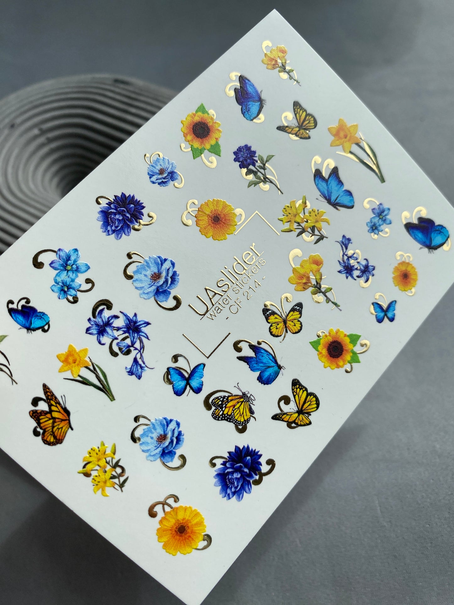Nail Water Decal CF-214 | Floral & Butterfly Water Slide Nail Decals | Blue Flowers & Sunflowers