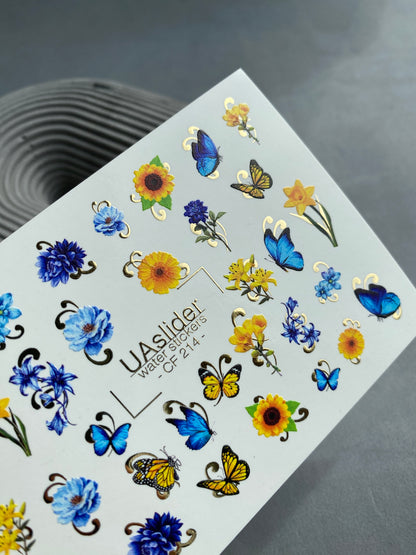 Nail Water Decal CF-214 | Floral & Butterfly Water Slide Nail Decals | Blue Flowers & Sunflowers