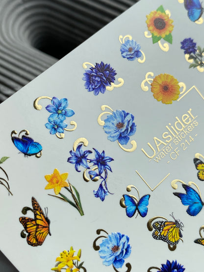 Nail Water Decal CF-214 | Floral & Butterfly Water Slide Nail Decals | Blue Flowers & Sunflowers