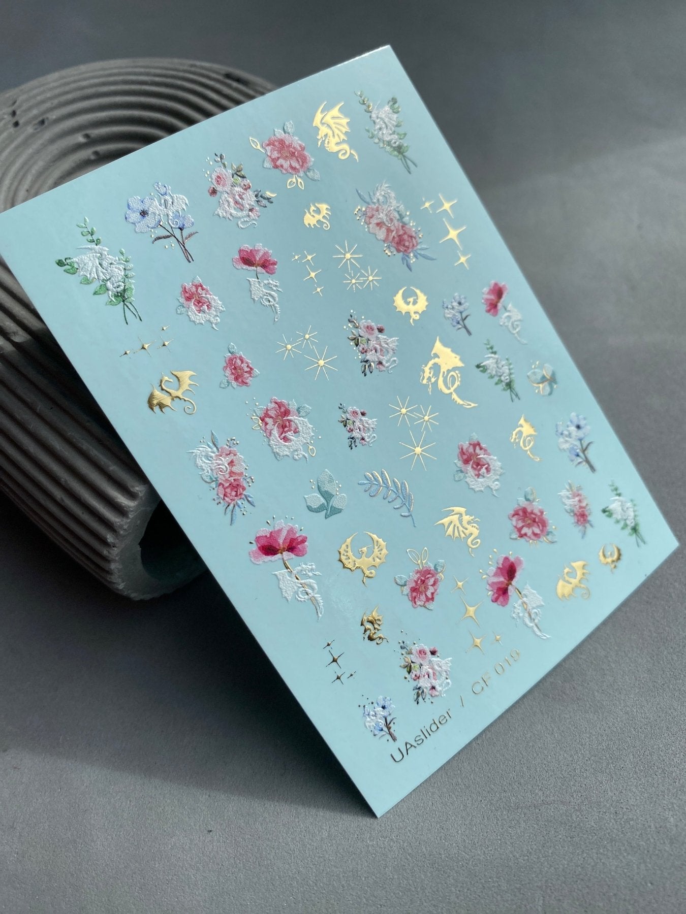 Nail Water Decal CF-019 | Floral Water Slide Nail Decals, Pink Peonies and Delicate Blooms with Gold Dragons and Stars - UASLIDER