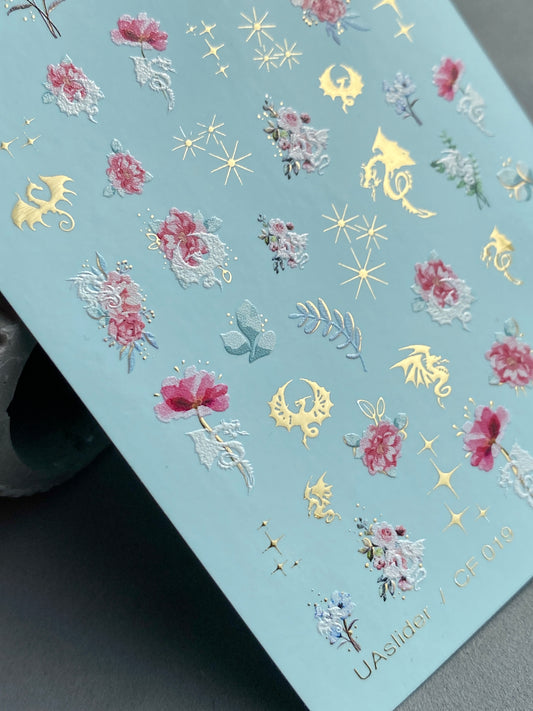 Nail Water Decal CF-019 | Floral Water Slide Nail Decals, Pink Peonies and Delicate Blooms with Gold Dragons and Stars