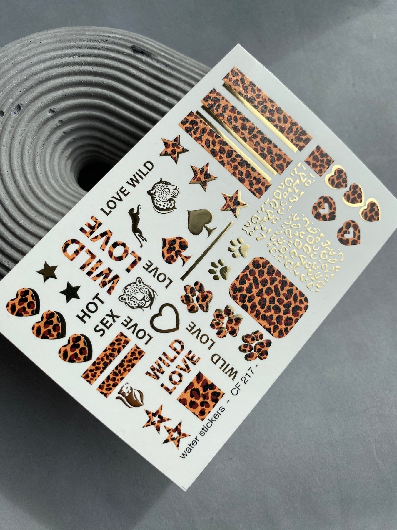 Nail Water Decal CF-217 | Leopard Print Water Slide Nail Decals | Wild Love with Gold Accents - UASLIDER