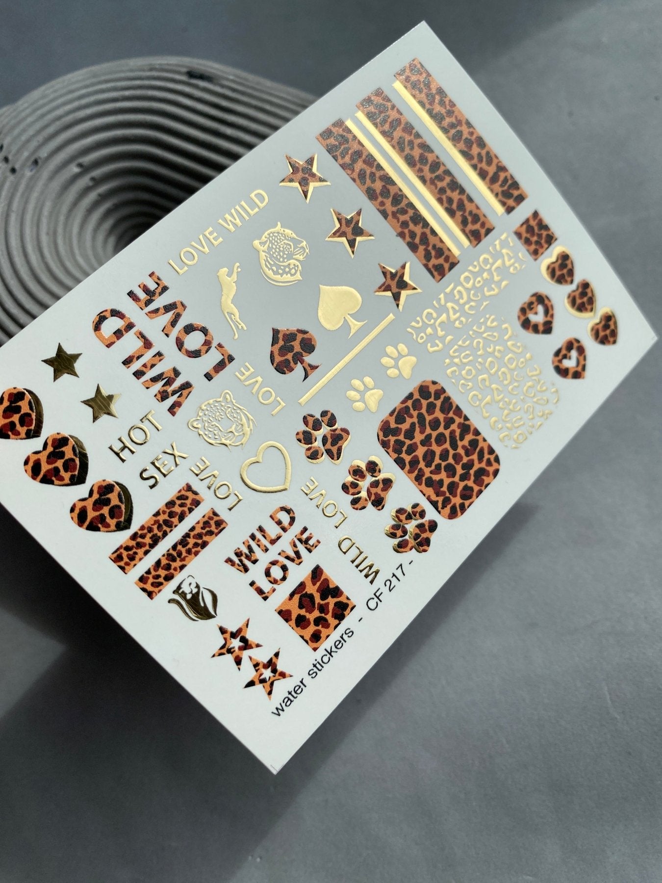 Nail Water Decal CF-217 | Leopard Print Water Slide Nail Decals | Wild Love with Gold Accents - UASLIDER