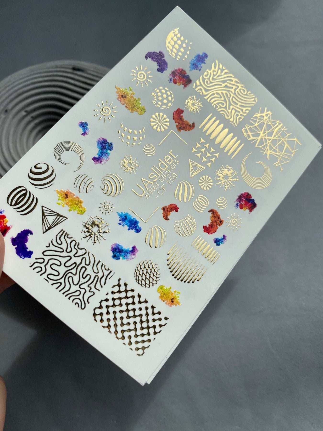 Nail Water Decal CF-159 | Abstract Geometric Water Slide Nail Decals | Modern Shapes & Gold Foil Accents - UASLIDER