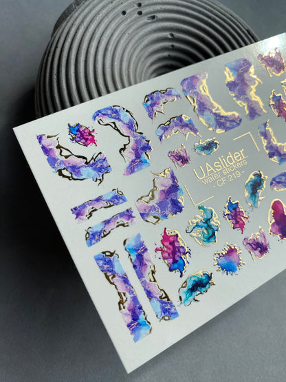 Nail Water Decal CF-219 | Abstract Water Slide Nail Decals | Purple & Blue Ink Effect with Gold