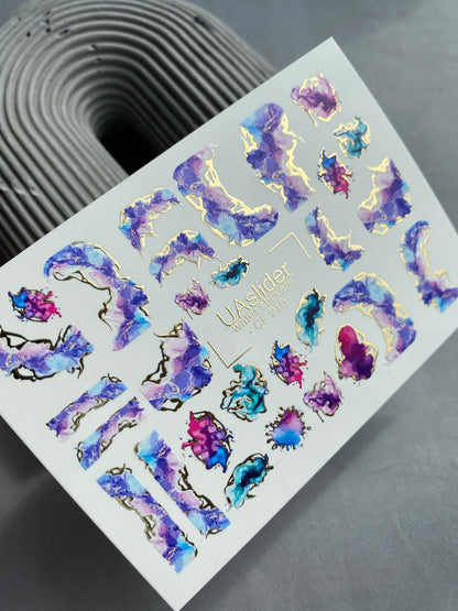 Nail Water Decal CF-219 | Abstract Water Slide Nail Decals | Purple & Blue Ink Effect with Gold