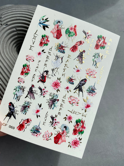 Nail Water Decal CF-069 | Japanese Water Slide Nail Decals | Geisha, Swallows, Lotus Flowers and Oriental Nail Art